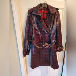 Eli Tahari red and black plaid coated trench coat